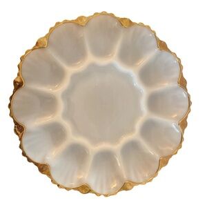 Vintage Milk Glass Deviled Egg Dish w Gold Trim 10” Diameter